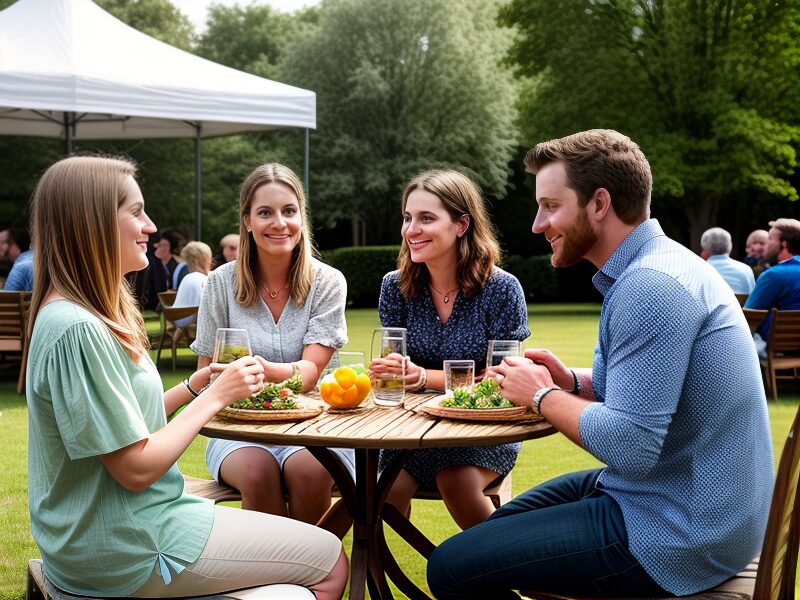 Four people sitting at a picnic benchtalking and happy.